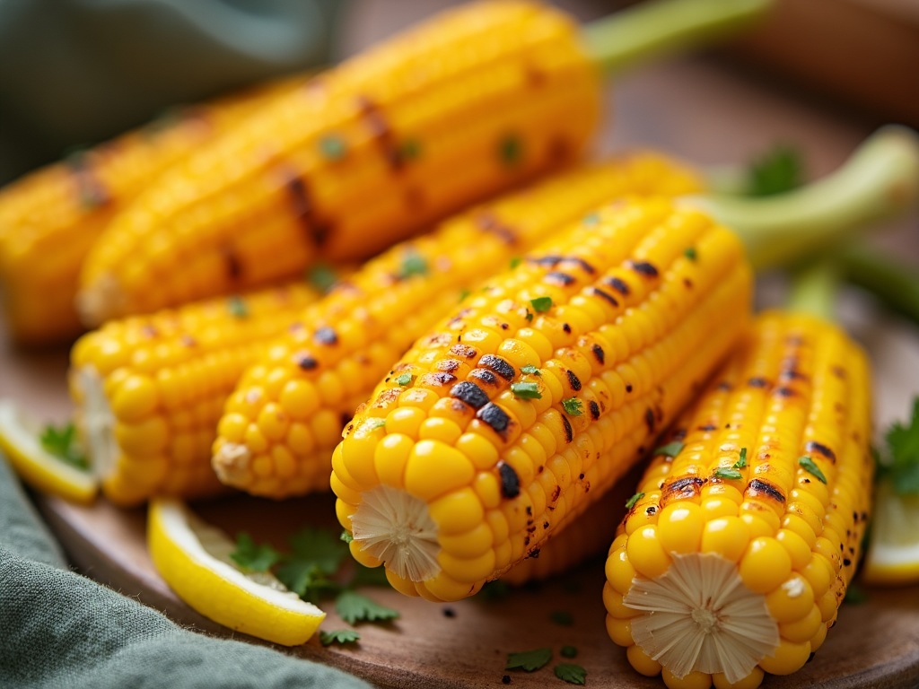 Grilled corn on the cob with charred kernels, served on a wooden plate and garnished with chopped cilantro and a lime wedge on the side
