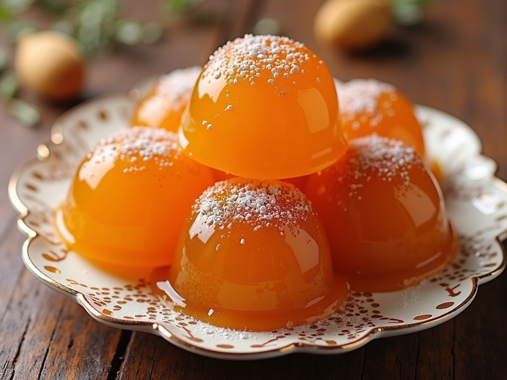 A plate of freshly prepared gulab jamuns soaked in sugar syrup, presented on a wooden table.
