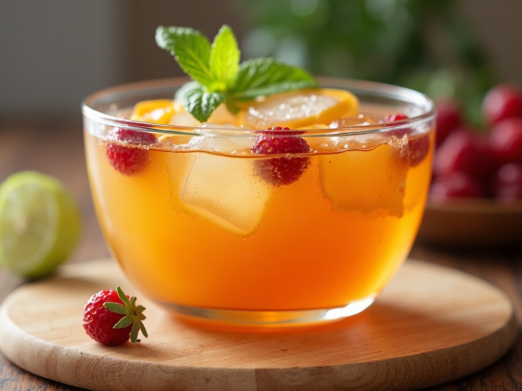 A glass pitcher filled with iced tea garnished with lemon slices and mint leaves, surrounded by fresh lemons.