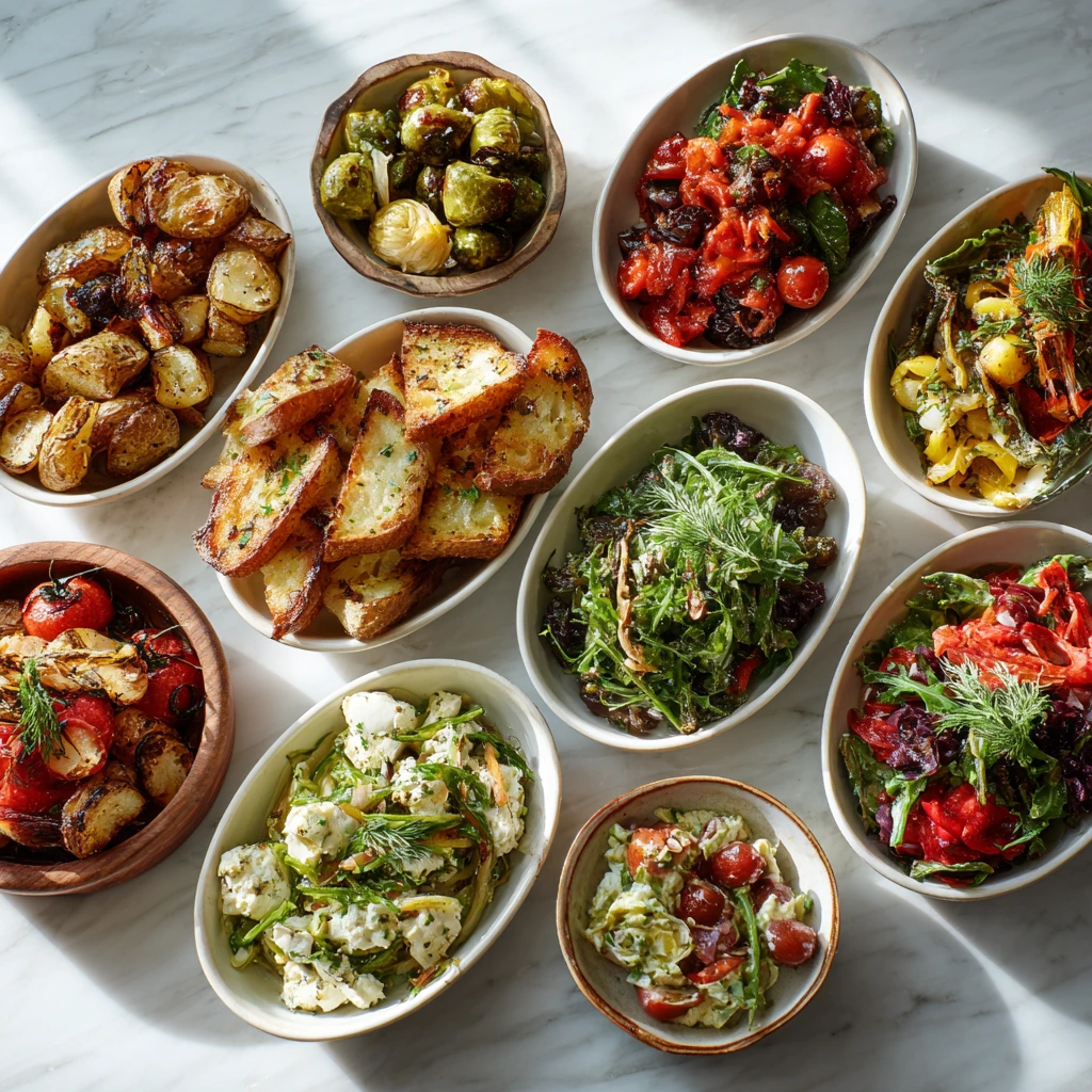 Italian side dishes spread on marble tabletop