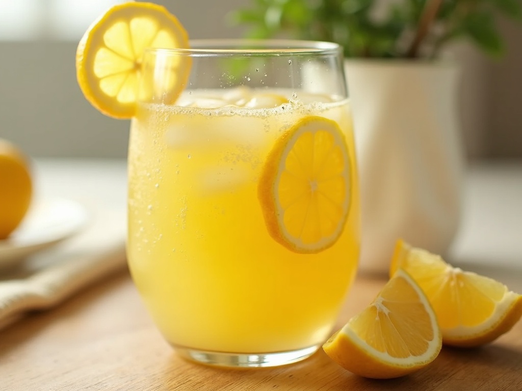 a glass of lemonade with lemon slices on a table.