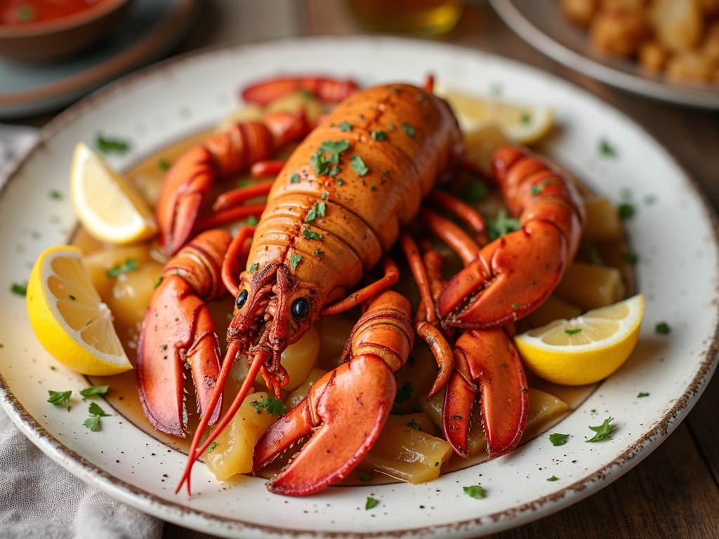 A view of a wooden table featuring a lobster dish.