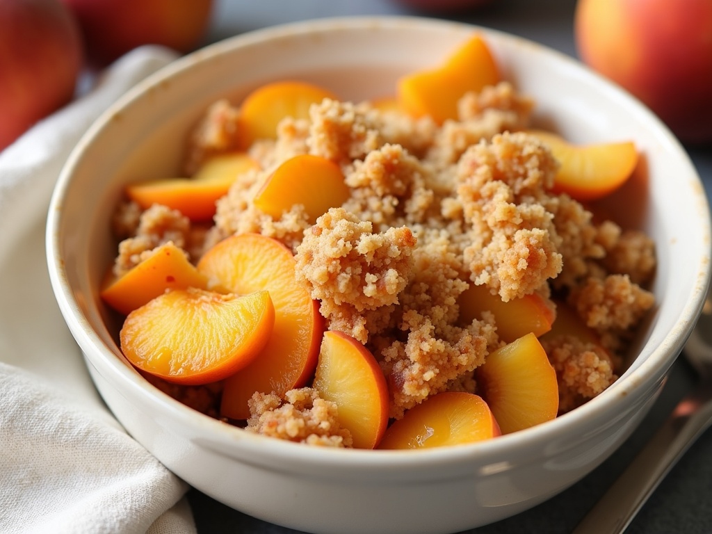 A bowl filled with freshly baked peach crisp, topped with a golden, crumbly oat topping, with slices of juicy peaches visible underneath.