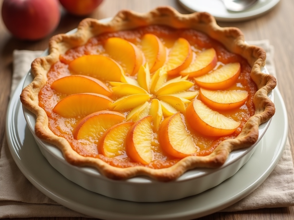 Overhead view of a freshly baked peach pie with a golden, lattice crust, placed on a rustic wooden table.