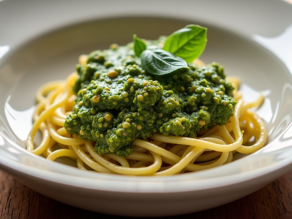 A view of a dish filled with vibrant green pesto sauce with Pasta.