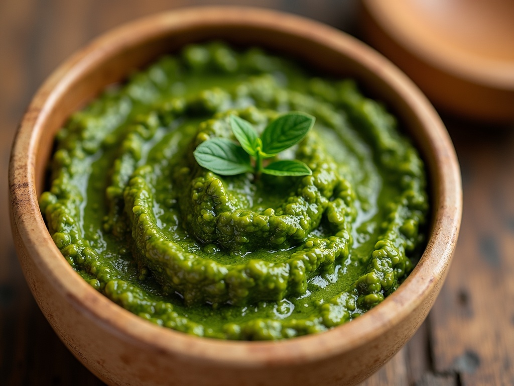 A view of a bowl of green pesto sauce surrounded by fresh basil leaves, garlic cloves, pine nuts, grated Parmesan cheese, and a small jar of olive oil, all arranged on a rustic wooden surface.