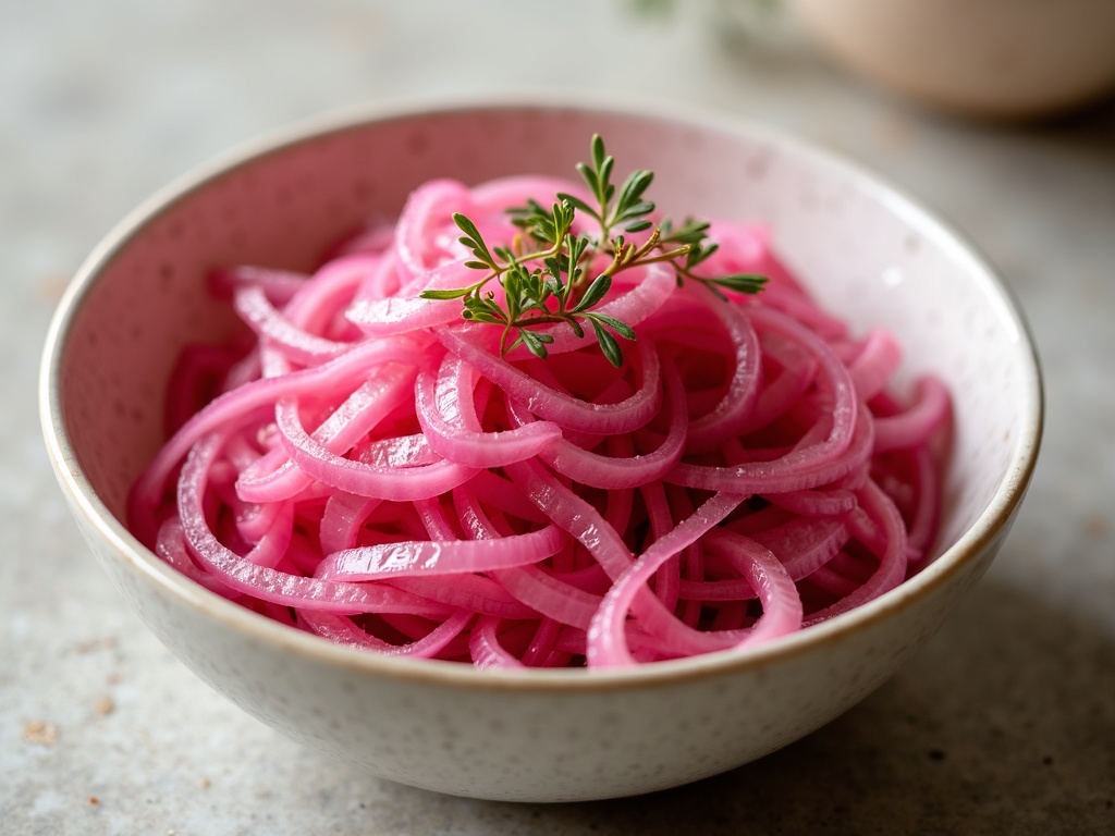 A glass jar filled with vibrant pink pickled red onions, thinly sliced and submerged in brine, sits on a wooden table with a few onion slices scattered nearby.