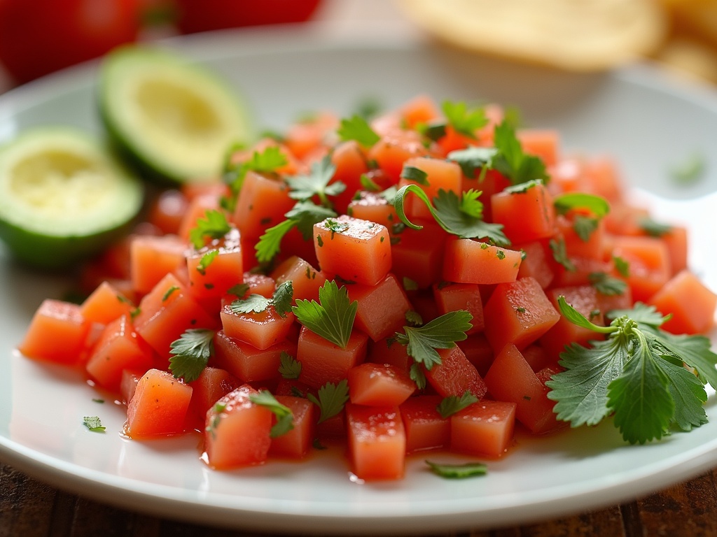 Dish of fresh pico de gallo made with diced tomatoes, onions, jalapeños, cilantro, and lime wedges on the side.