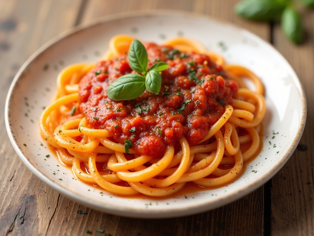 A dish of spaghetti with puttanesca sauce served on a rustic wooden table.