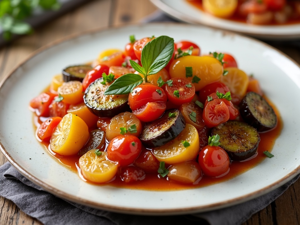 Colorful and neatly arranged ratatouille served in a round, white ceramic baking dish; thinly sliced zucchini, eggplant, squash, and tomato spiraled in layers, glistening with olive oil and garnished with fresh basil; a rich tomato sauce peeks through the vegetables beneath.