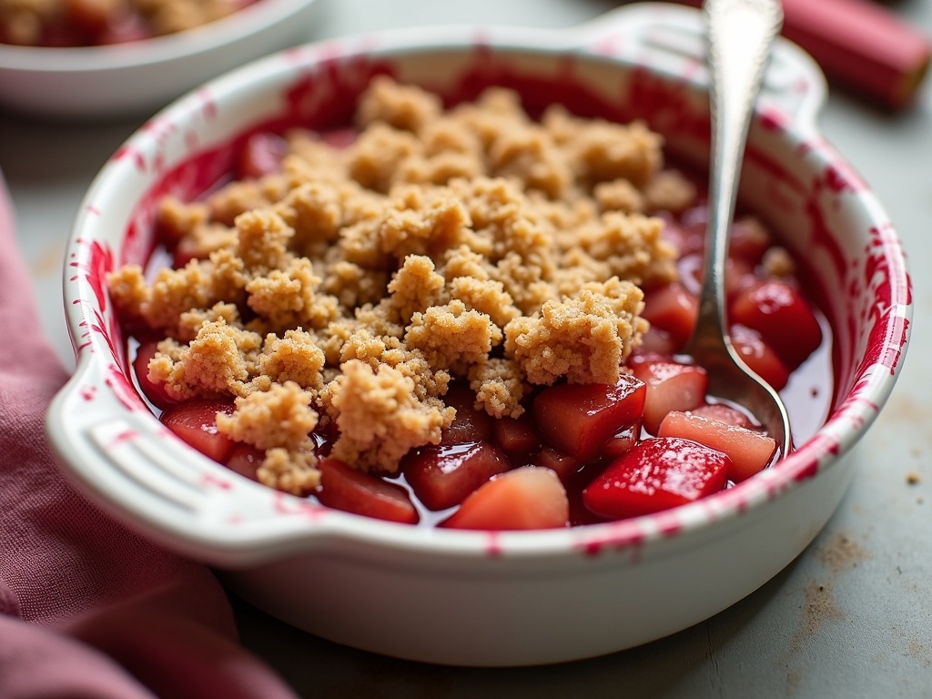 Close-up of a freshly baked rhubarb crisp in a white ceramic dish, showing a golden brown oat and crumble topping with hints of red rhubarb filling bubbling underneath.