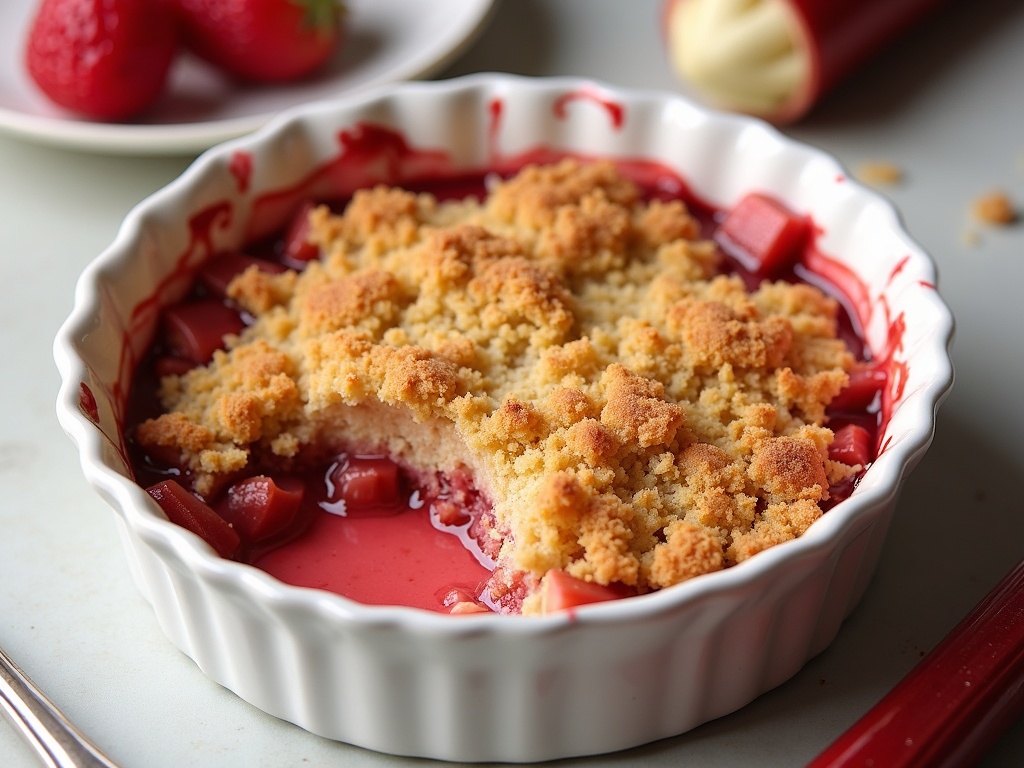 A freshly baked rhubarb crumble in a white ceramic dish, with a golden, crisp topping and vibrant pink rhubarb filling peeking through, set on a rustic table.
