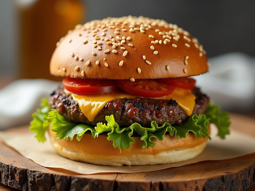 A sizzling smash burger on a griddle, with a crispy, caramelized beef patty pressed flat, melted cheddar cheese oozing over the sides, topped with grilled onions, pickles, and a toasted brioche bun.