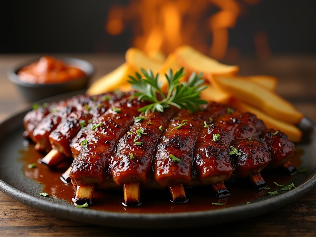 Close-up of a rack of smoked ribs on a wooden cutting board, glistening with barbecue sauce and garnished with chopped parsley, with a smoky background and a side of pickles and cornbread in the corner.
