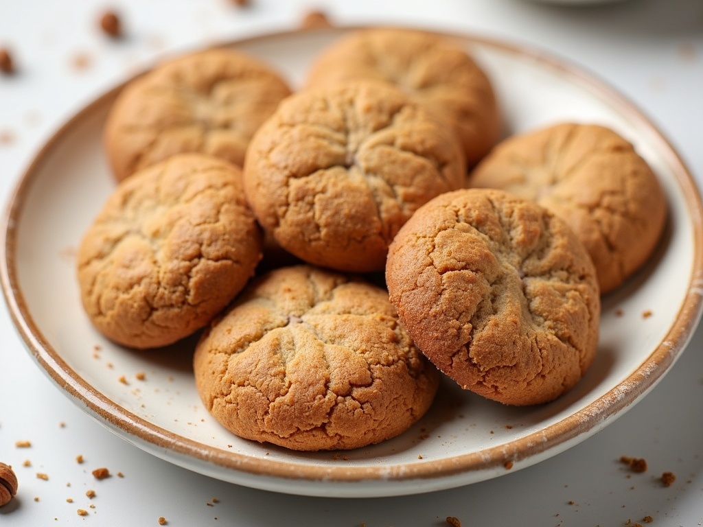 A close-up image of a stack of freshly baked snickerdoodle cookies on a wooden plate, showing their golden-brown color and cinnamon-sugar coating, with a glass of milk in the background on a rustic wooden table.