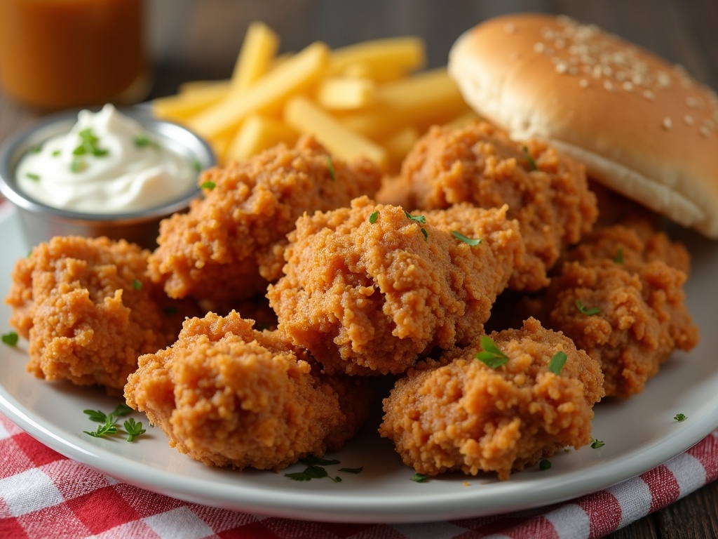 Golden-brown southern fried chicken pieces with a crispy, seasoned coating.