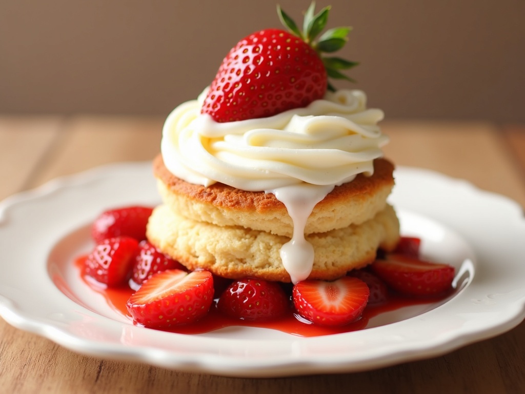 Overhead view of a strawberry shortcake dessert on a white plate, featuring sliced fresh strawberries.