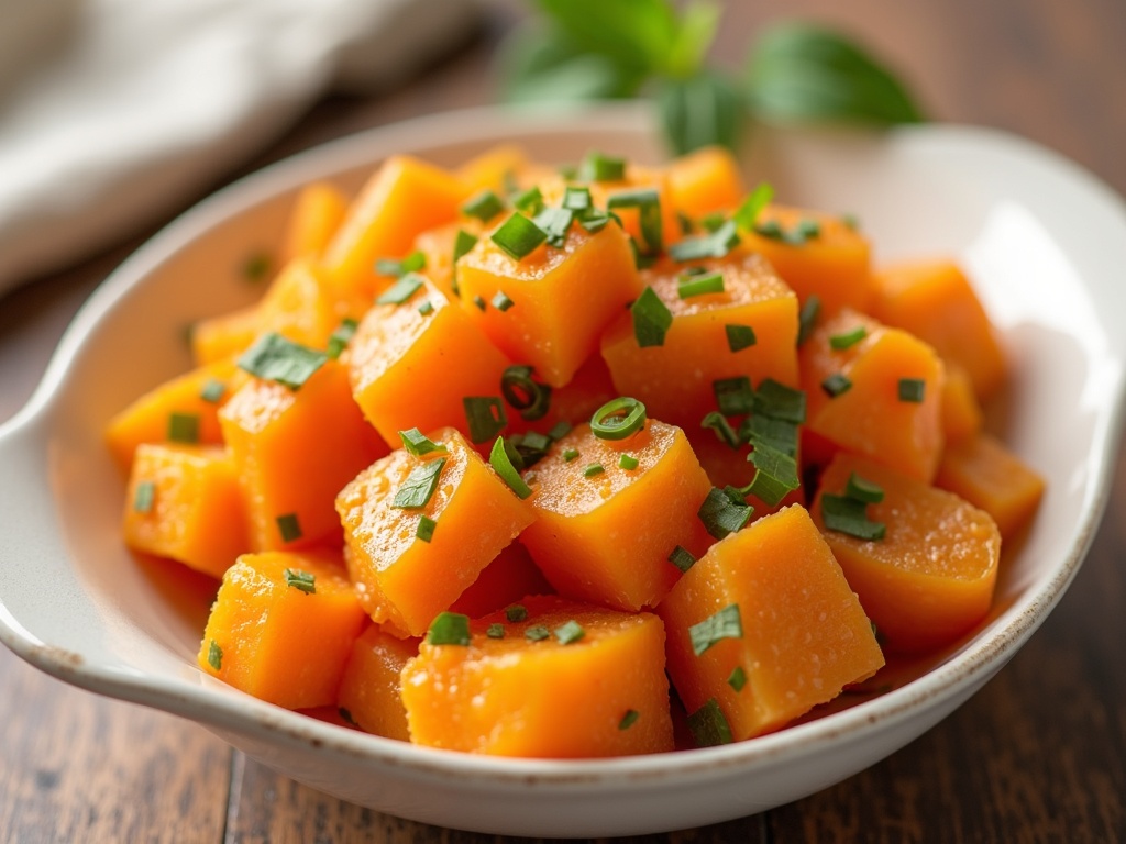 A vibrant dish of sweet potato salad featuring roasted sweet potato cubes.