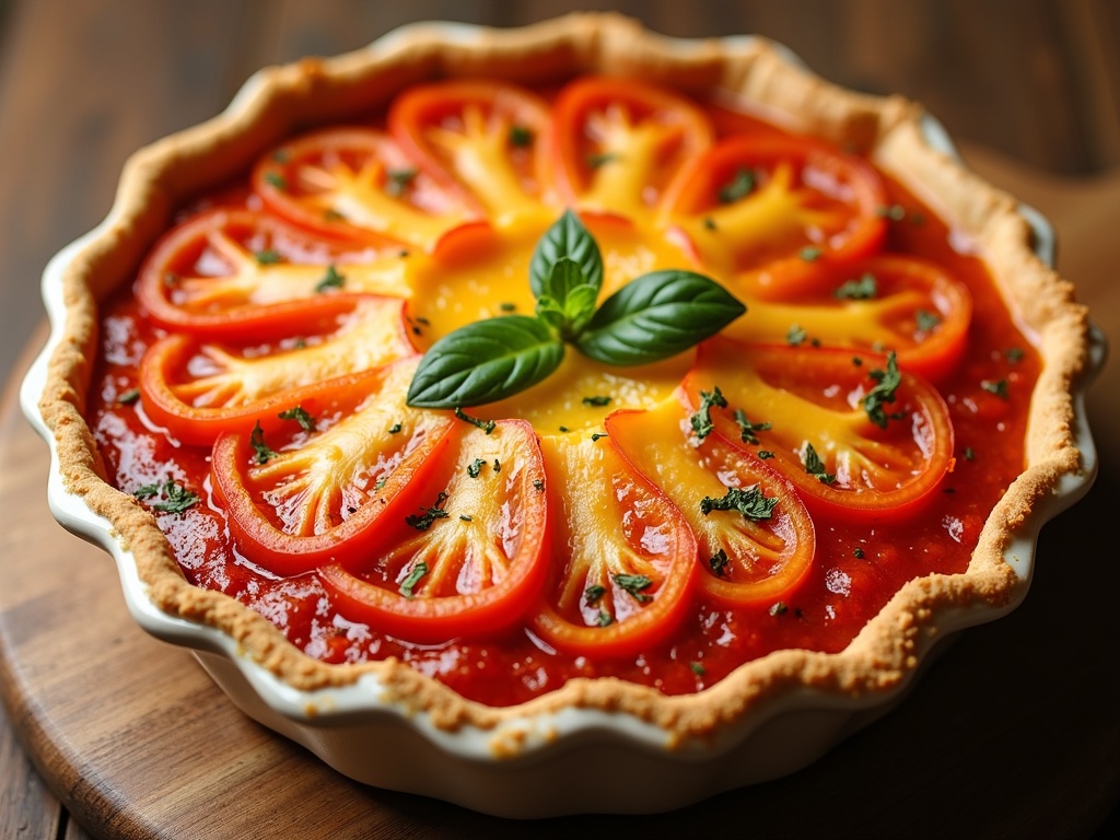 Freshly baked tomato pie in a golden-brown crust, topped with slices of ripe red tomatoes, melted cheese, and chopped fresh basil on a wooden table.