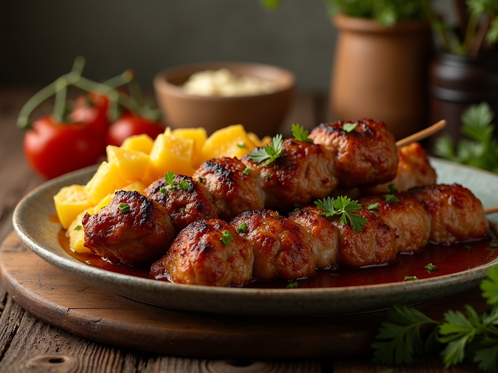 A traditional Turkish kebab served on a wooden platter, featuring skewered grilled meat, sliced tomatoes, green peppers.