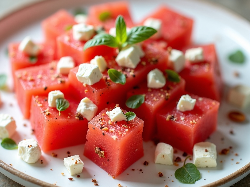 Fresh watermelon feta salad served in a white bowl, featuring bright red watermelon cubes, crumbled white feta cheese, and fresh green mint leaves.