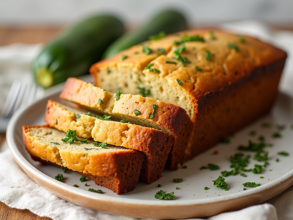 Top-down view of freshly sliced zucchini bread on a wooden cutting board, surrounded by whole zucchinis and scattered walnuts, with a small bowl of cinnamon and measuring spoons nearby, illustrating ingredients and finished product of a zucchini bread recipe.