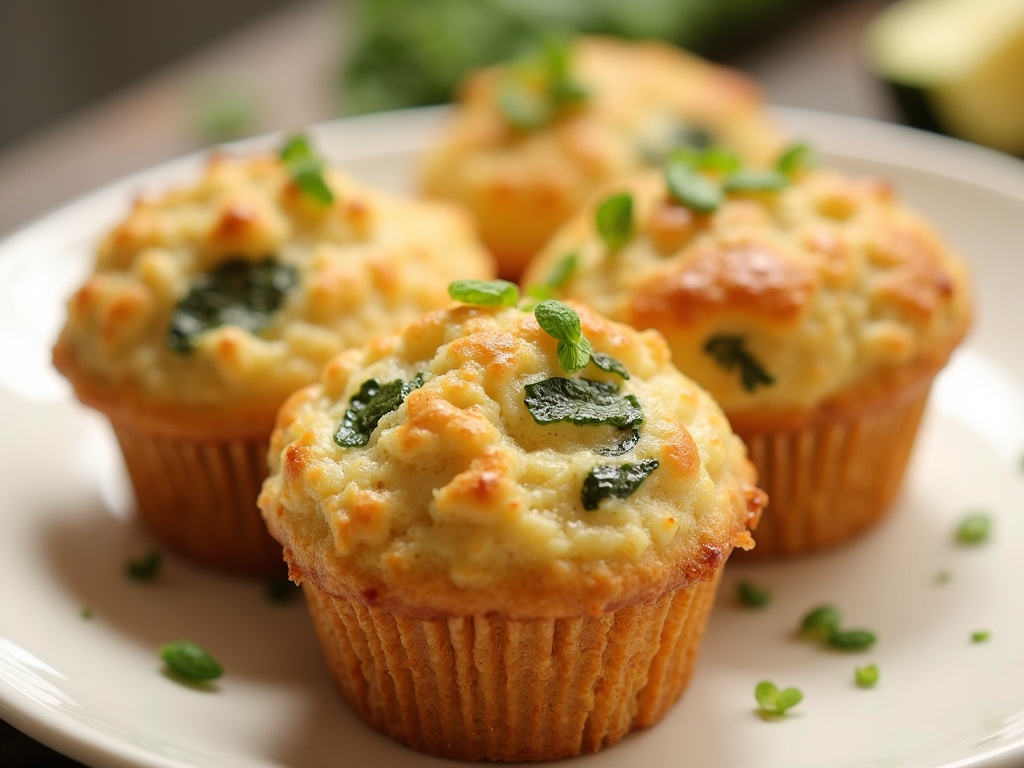 A batch of freshly baked zucchini muffins resting on a cooling rack, with visible flecks of green zucchini and a golden-brown crust, set white dish.