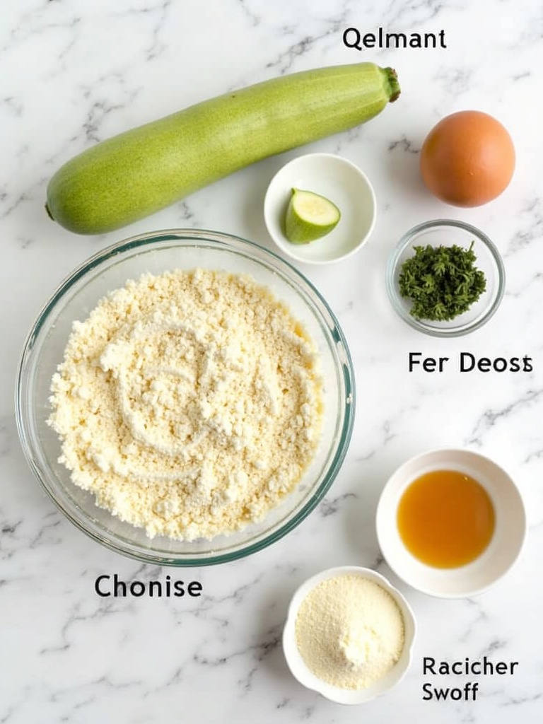 Ingredients for zucchini muffins including zucchini, flour, eggs, oil, and spices arranged on a wooden table