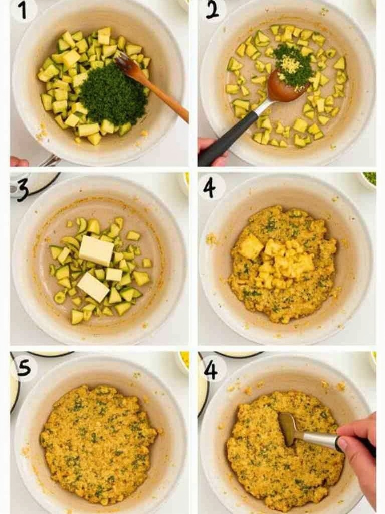 Step by step process of making zucchini muffins, showing mixing of ingredients and filling muffin tins