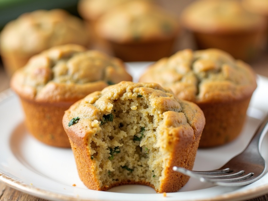 Freshly baked zucchini muffins arranged on a serving plate with a cup of coffee alongside