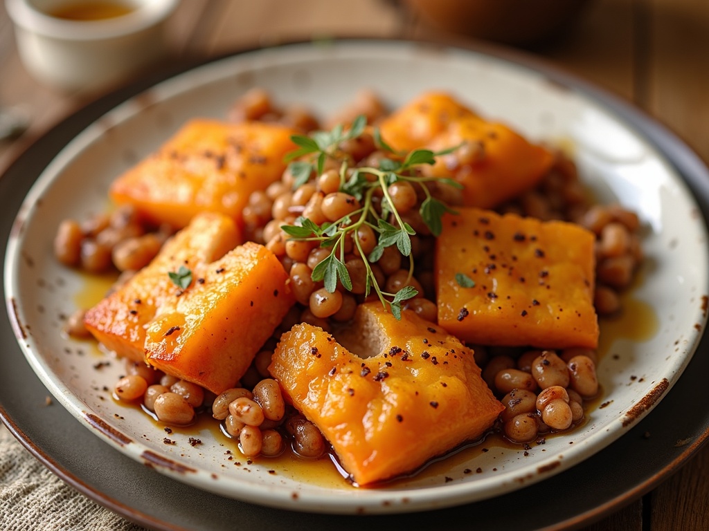A flat lay of autumn recipes featuring a pumpkin pie, roasted root vegetables, a bowl of butternut squash soup, apple slices, cinnamon sticks, and scattered colorful fall leaves on a wooden table.