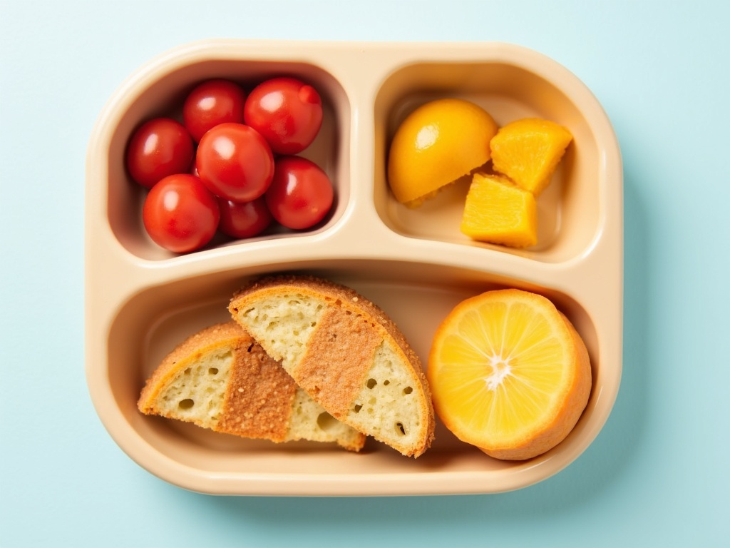 A colorful, divided toddler plate filled with easy lunch foods, including turkey roll-ups, sliced cucumbers, baby carrots, cheese cubes, apple slices, and whole grain crackers, with a sippy cup of water beside it on a wooden table.