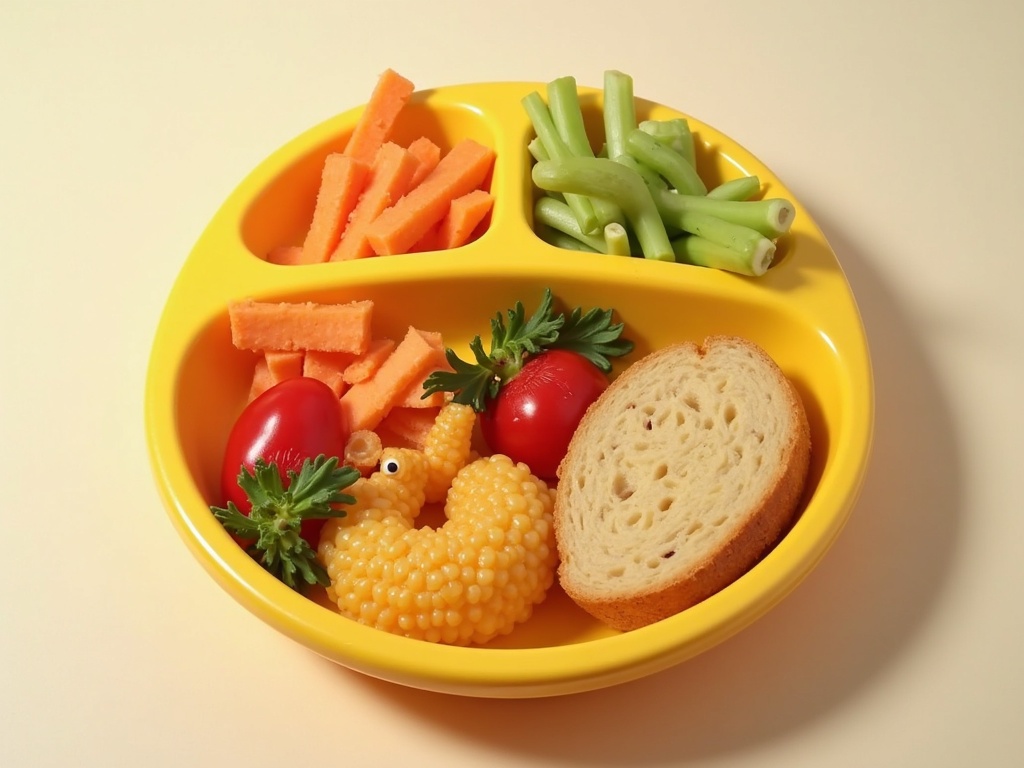 Colorful kids' lunch featuring a smiling sandwich with cheese and vegetable face, a cup of fresh fruit, baby carrots shaped like stars, and a small container of dip, all arranged in a bright lunchbox on a playful placemat.