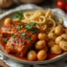 A cozy kitchen counter with a simple, half-prepared dinner spread—boxed mac and cheese, a takeout container, and a microwave meal—surrounded by minimal cooking utensils, suggesting an easy and lazy dinner night.