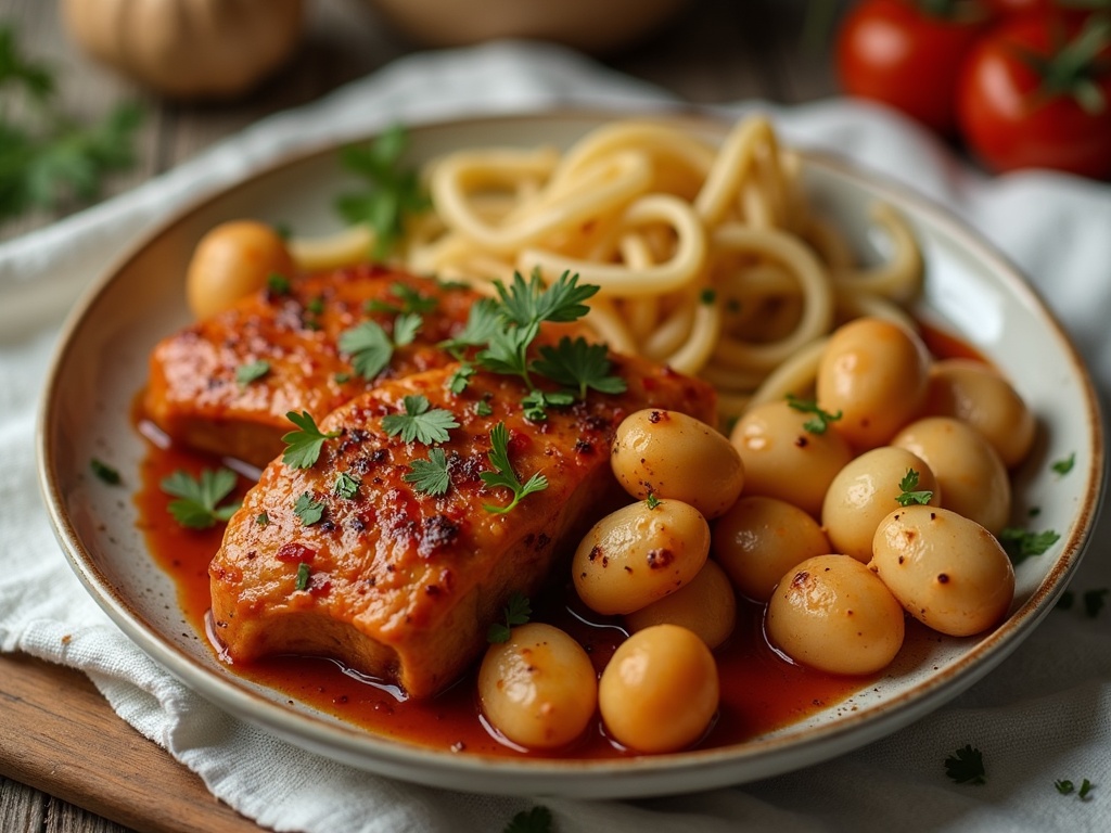 A cozy kitchen counter with a simple, half-prepared dinner spread—boxed mac and cheese, a takeout container, and a microwave meal—surrounded by minimal cooking utensils, suggesting an easy and lazy dinner night.