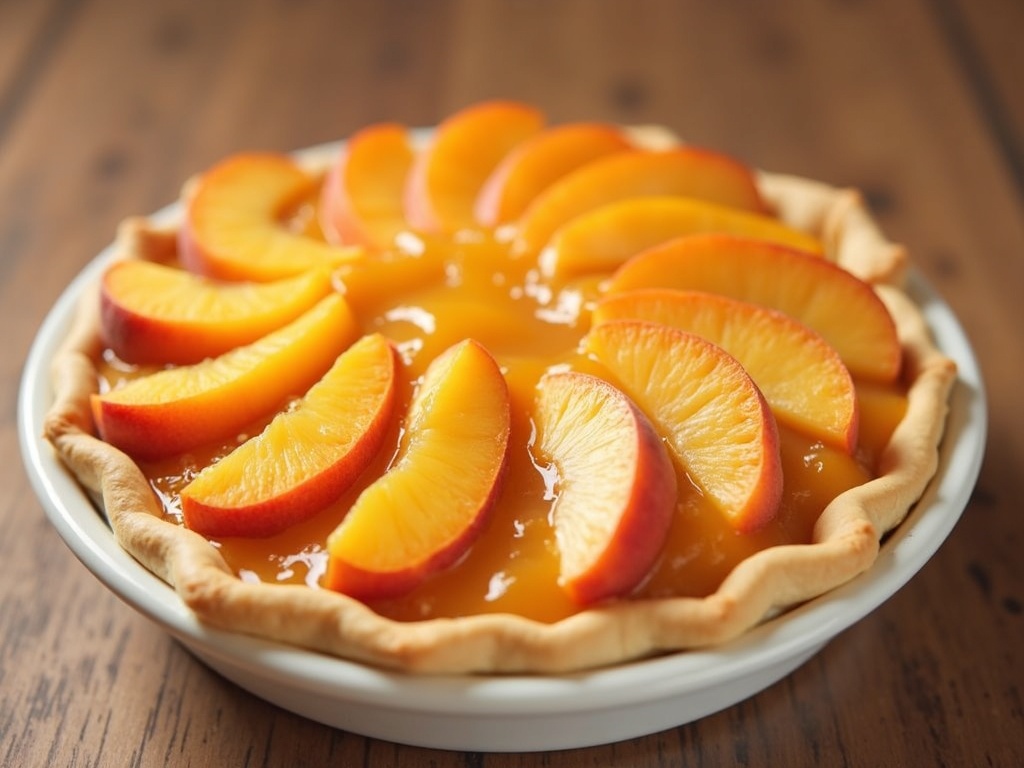 Top view of a freshly baked peach pie with golden, flaky crust and peach filling oozing through the lattice pattern, surrounded by fresh peaches and baking ingredients on a rustic wooden table.