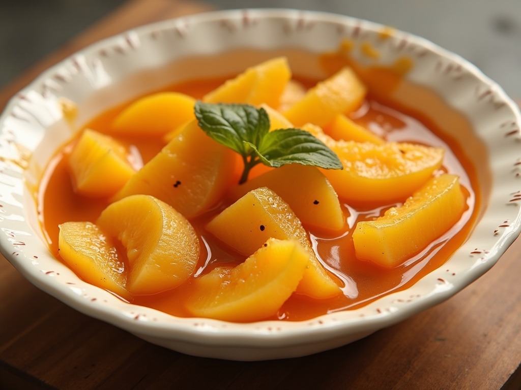 Freshly baked peach cobbler in a white ceramic dish, topped with golden brown biscuit crust and bubbling peach filling, surrounded by sliced fresh peaches and a serving spoon on a rustic wooden table.