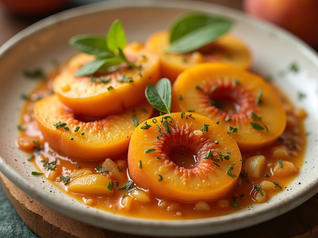 Flat lay of fresh ripe peaches, sliced peaches, and various peach-based dishes including peach cobbler, peach pie, peach jam, and peach smoothie, all displayed on a rustic wooden table with kitchen utensils and ingredients like cinnamon sticks, sugar, and basil leaves scattered around.