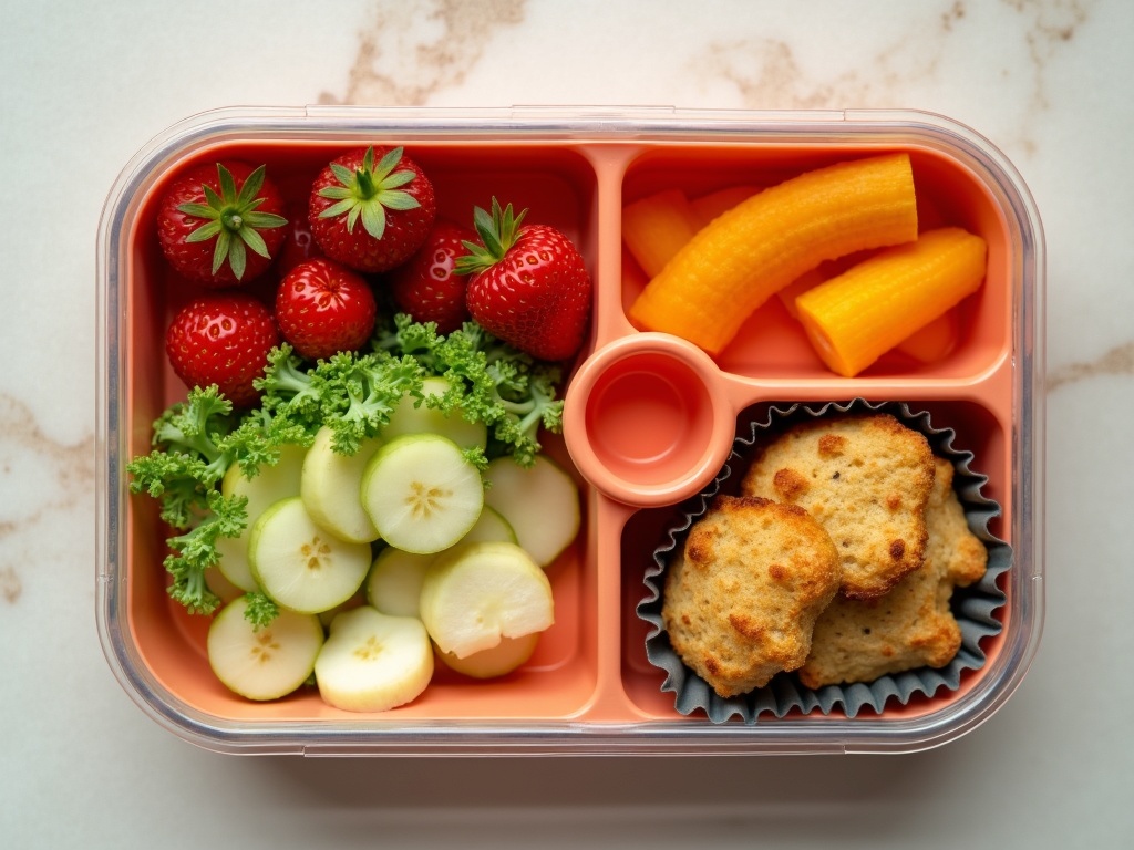 A colorful lunch box divided into compartments, each filled with kid-friendly foods such as sliced apples, baby carrots, cheese cubes, crackers, a small sandwich shaped like a star, and a container of hummus, arranged neatly to appeal to picky eaters.