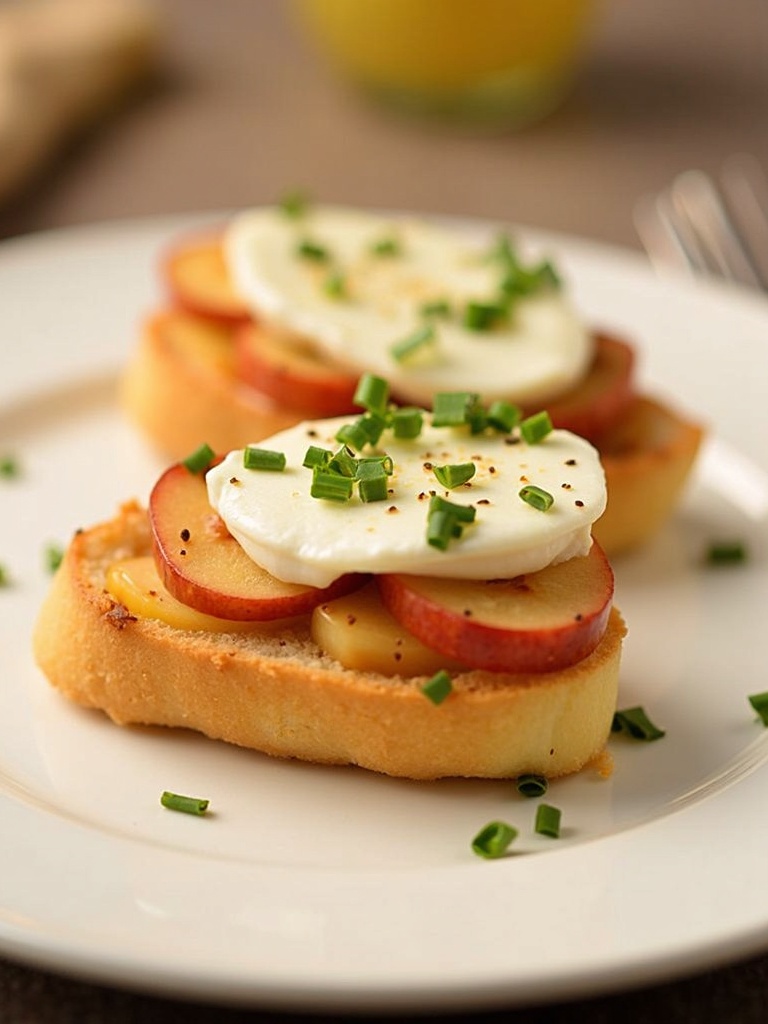 Apple and Brie crostini arranged on a wooden serving board, topped with thin apple slices, creamy brie cheese, and a drizzle of honey, garnished with fresh thyme leaves.
