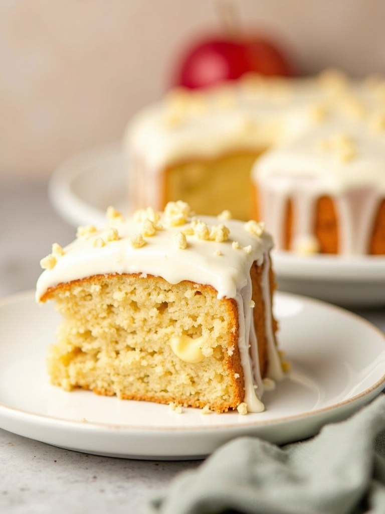A moist apple cake topped with a thick layer of creamy cream cheese frosting, garnished with apple slices and a sprinkle of cinnamon, served on a rustic wooden table with a fork beside the plate.