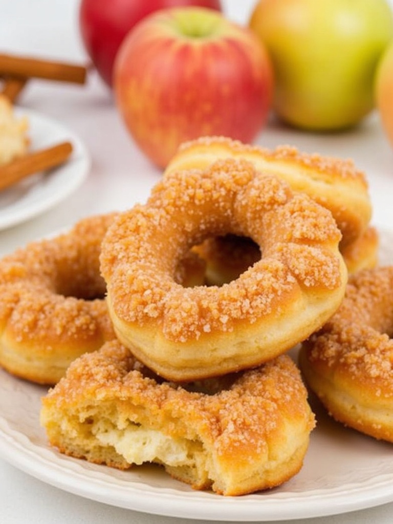 A stack of freshly baked apple cider donuts coated in cinnamon sugar sits on a rustic wooden table, with one donut partially eaten to reveal its soft, moist interior. A small bowl of cinnamon sugar and a cup of hot apple cider are placed nearby, enhancing the cozy autumn atmosphere.