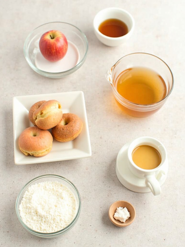 Flat lay of apple cider donut ingredients on a white surface, including a bowl of flour, a small pile of sugar, a dish of brown sugar, a few whole eggs, a stick of butter, a small bowl of cinnamon, a jug of apple cider, baking powder, baking soda, salt, and a few fresh apples