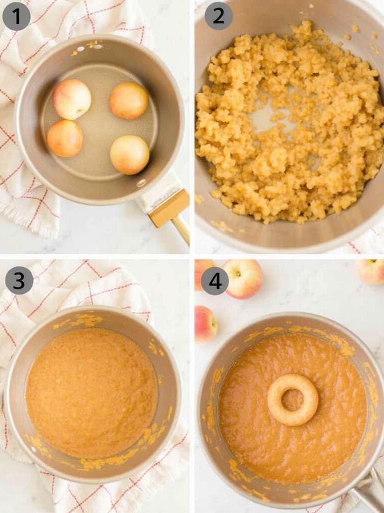 Instructional image showing how to make Apple Cider Donuts: Step-by-step visuals of preparing dough with apple cider reduction, mixing ingredients, cutting donut shapes, frying until golden brown, and coating in cinnamon sugar; includes ingredients list and measurements in text.