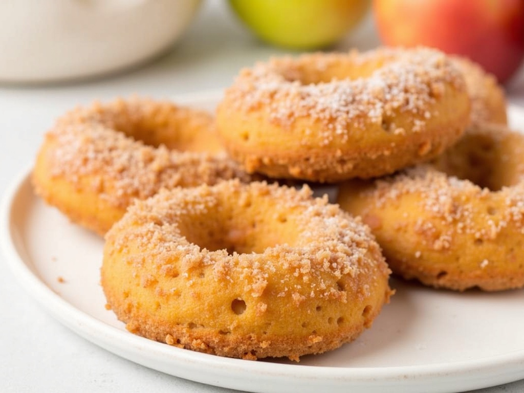 A batch of golden-brown apple cider donuts coated in cinnamon sugar, arranged on a wire cooling rack with a small bowl of cinnamon sugar and a glass of apple cider in the background.