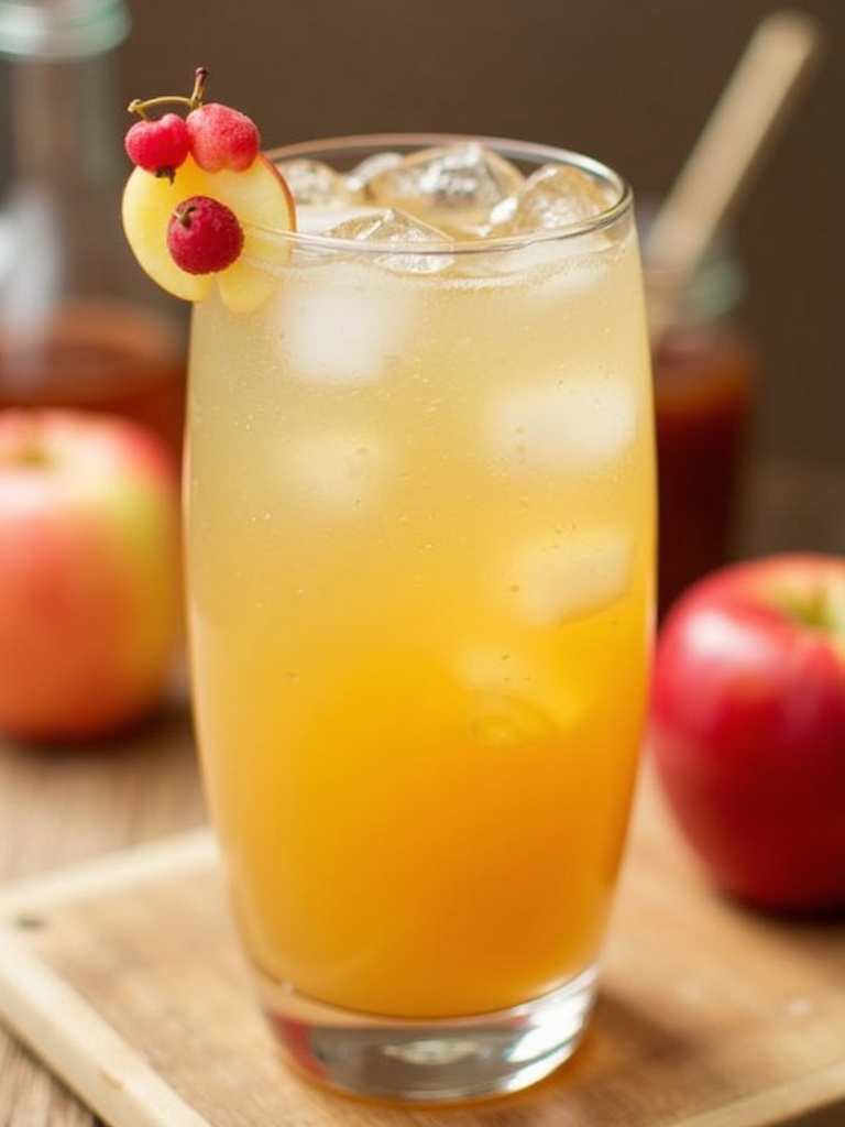 A glass of apple cider mocktail garnished with a cinnamon stick and apple slices, sitting on a wooden table surrounded by fresh apples, cinnamon sticks, and a cozy autumn leaves background.