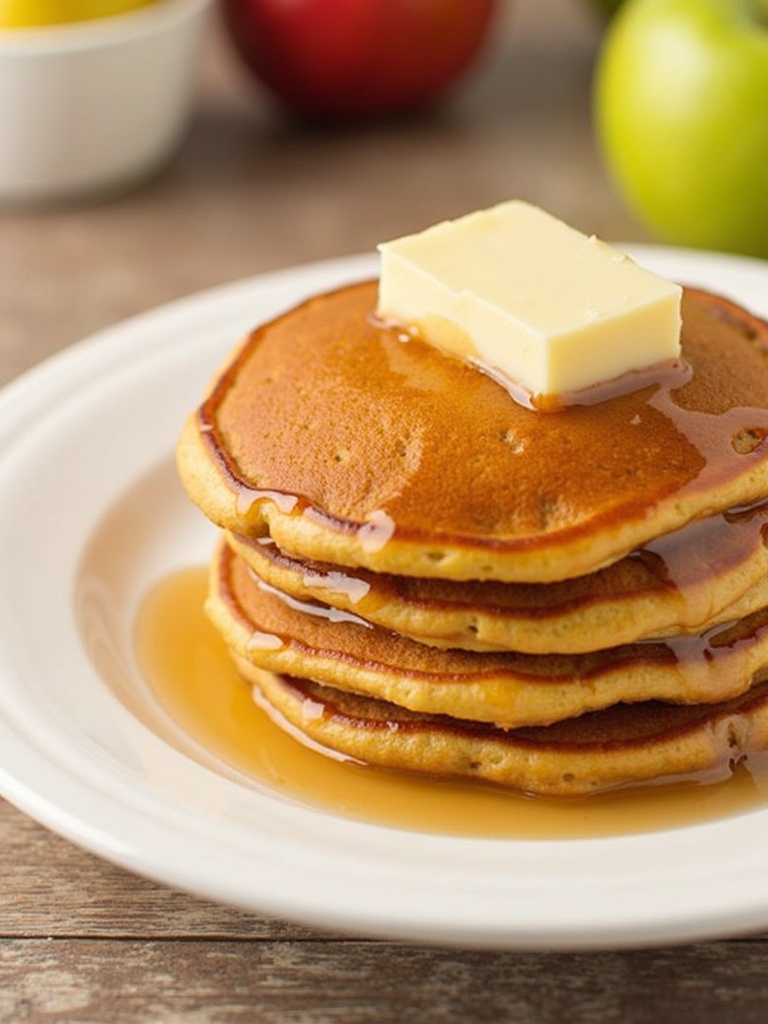 Stack of fluffy apple cider pancakes topped with apple slices and a drizzle of maple syrup, served on a white plate with a fork on the side.