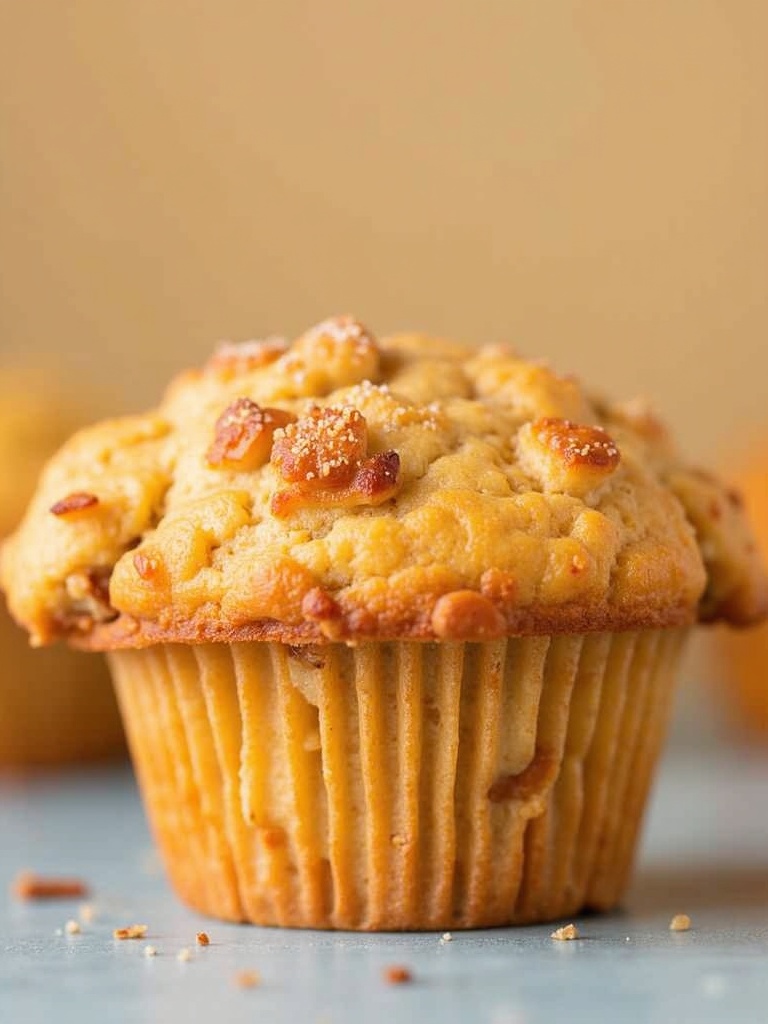A batch of freshly baked apple cinnamon muffins sits on a rustic wooden table, with golden-brown tops sprinkled with cinnamon sugar. One muffin is cut in half, revealing a moist interior filled with chunks of apple. A cinnamon stick and apple slices are placed nearby for decoration.