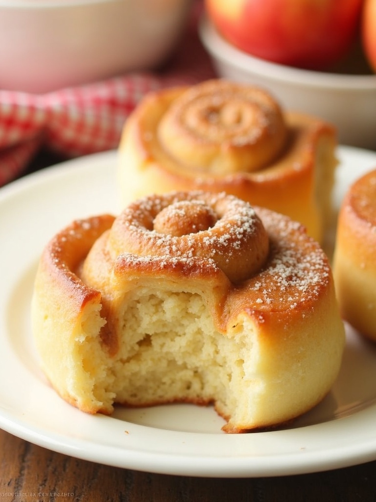 Freshly baked apple cinnamon rolls arranged on a wooden board, topped with a drizzle of vanilla glaze; spirals of soft dough filled with caramelized apple chunks and swirls of cinnamon sugar, surrounded by cinnamon sticks and apple slices for garnish.