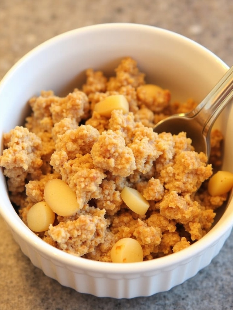 A freshly baked apple crisp with golden brown oat topping in a white ceramic baking dish, with tender, cinnamon-spiced apple slices visible underneath the crispy, crumbly layer, served warm on a rustic wooden table.